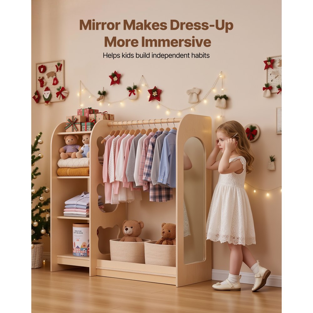 VEVOR Kids Dress Up Storage, with Mirror, Wooden Kids Dress Up Rack, Toddler Wardrobe Closet for Little Girls, Storage Armoire, Costume Organizer, Children Playroom Furniture, for Bedroom, Natural