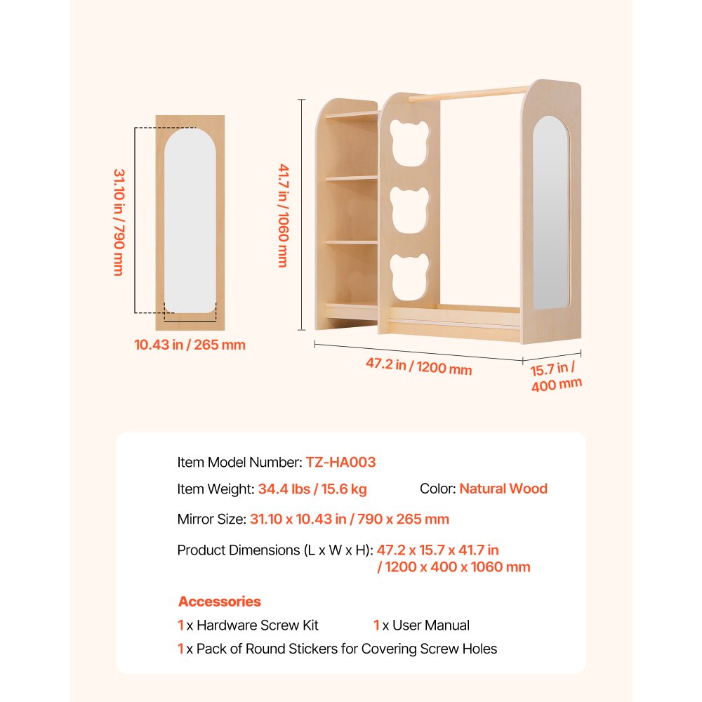 VEVOR Kids Dress Up Storage, with Mirror, Wooden Kids Dress Up Rack, Toddler Wardrobe Closet for Little Girls, Storage Armoire, Costume Organizer, Children Playroom Furniture, for Bedroom, Natural