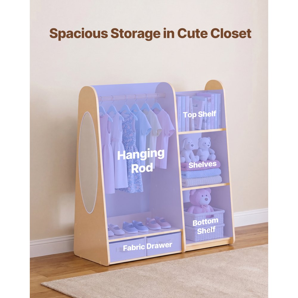 VEVOR Kids Dress Up Storage, with Mirror, Dress Up Closet, Toddler Wardrobe Closet for Little Girls, Armoire with Shelves & Bottom Tray, Costume Organizer, Toddler Room Furniture, for Bedroom, Natural