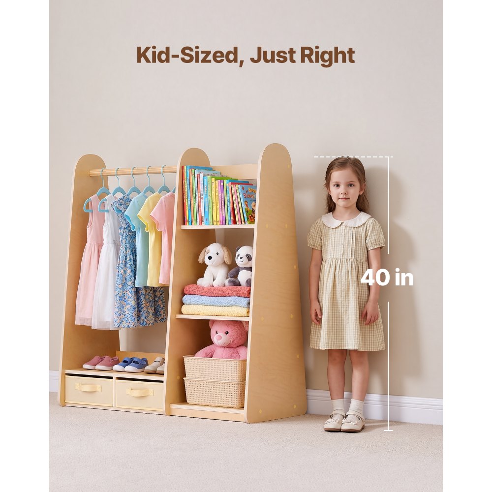 VEVOR Kids Dress Up Storage, with Mirror, Dress Up Closet, Toddler Wardrobe Closet for Little Girls, Armoire with Shelves & Bottom Tray, Costume Organizer, Toddler Room Furniture, for Bedroom, Natural