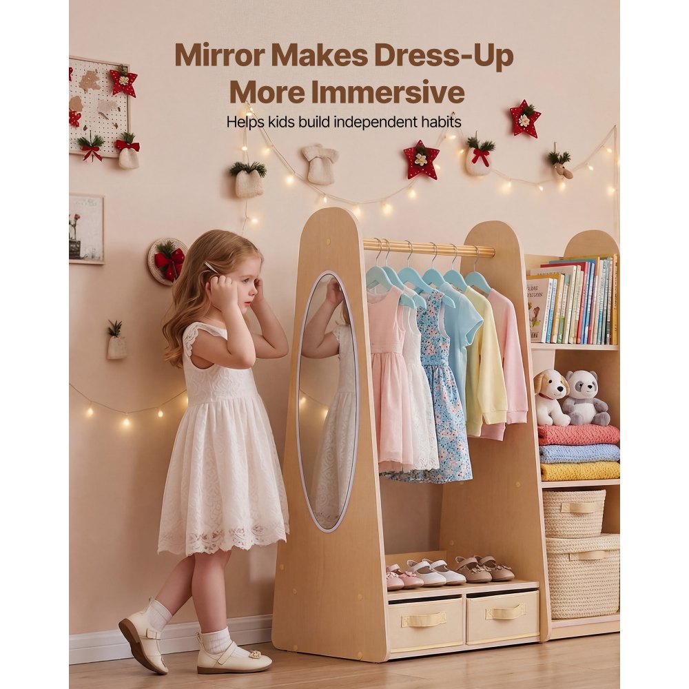 VEVOR Kids Dress Up Storage with Mirror Dress Up Closet Toddler Wardrobe Closet for Little Girls Armoire with Shelves & Bottom Tray Costume