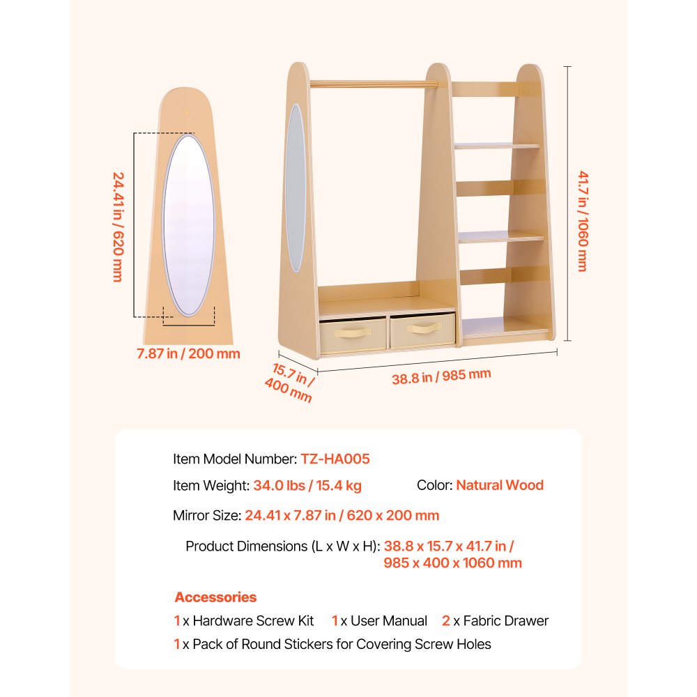 VEVOR Kids Dress Up Storage, with Mirror, Dress Up Closet, Toddler Wardrobe Closet for Little Girls, Armoire with Shelves & Bottom Tray, Costume Organizer, Toddler Room Furniture, for Bedroom, Natural