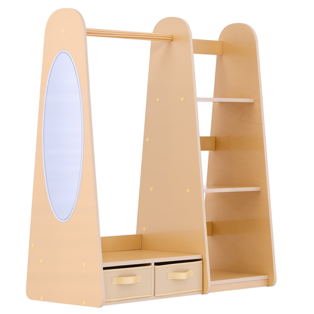 VEVOR Kids Dress Up Storage, with Mirror, Dress Up Closet, Toddler Wardrobe Closet for Little Girls, Armoire with Shelves & Bottom Tray, Costume Organizer, Toddler Room Furniture, for Bedroom, Natural