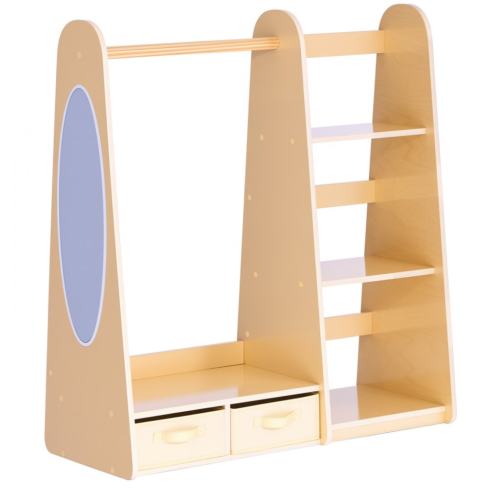 VEVOR Kids Dress Up Storage, with Mirror, Dress Up Closet, Toddler Wardrobe Closet for Little Girls, Armoire with Shelves & Bottom Tray, Costume Organizer, Toddler Room Furniture, for Bedroom, Natural