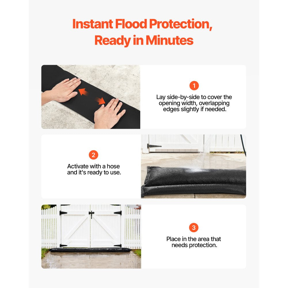 VEVOR Flood Barrier, 8 Pack, 10 x 0.7 ft Flood Bags Activated by Water, Reusable Water Absorbent Barrier, Sandless Sandbags Blockage, Flooding Prevention Bags for Home, Doorway, Basement, Garage