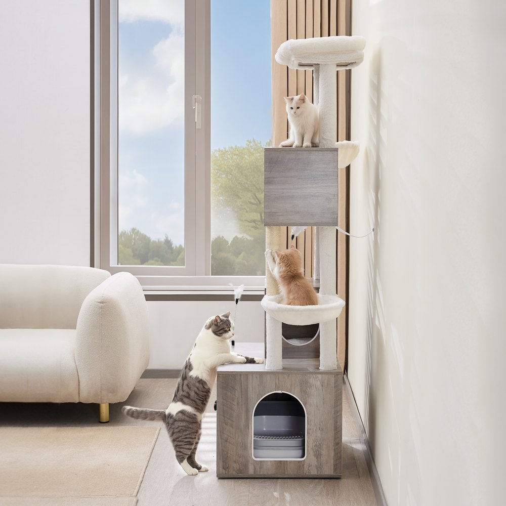 VEVOR Large Cat Tree with Litter Box Enclosure, 72.83 inches Tall, 2-in-1 Cat Tower, Multi-level Cat Condo Furniture with Sisal Scratching Posts, Perches, Hammock, Big Kittens House for Indoor Cats