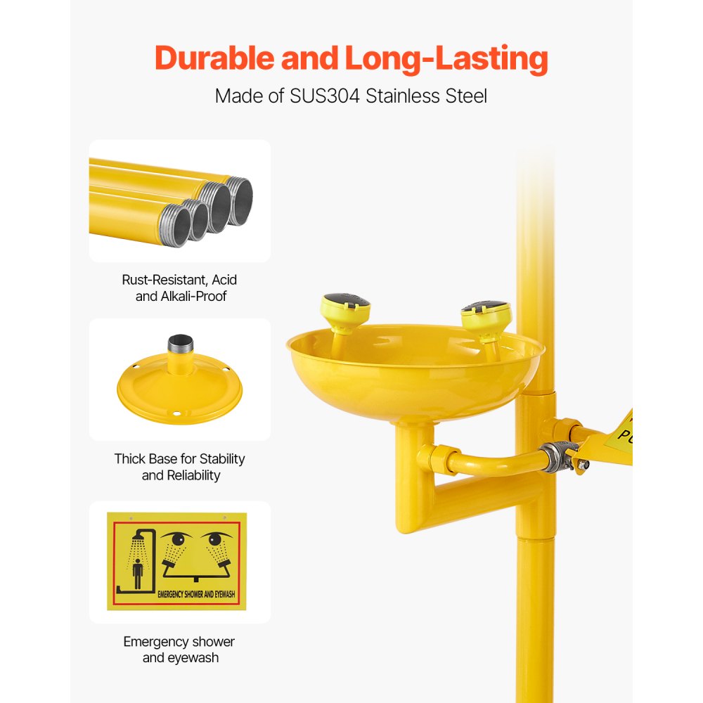 VEVOR Emergency Shower Eye Wash Station, 34.25 x 15.75 x 91.73 Inch 304 Stainless Steel Eyewash and Shower Combination, OSHA-Approved First Aid Eye Wash Station, for Schools, Labs, Factories, Yellow