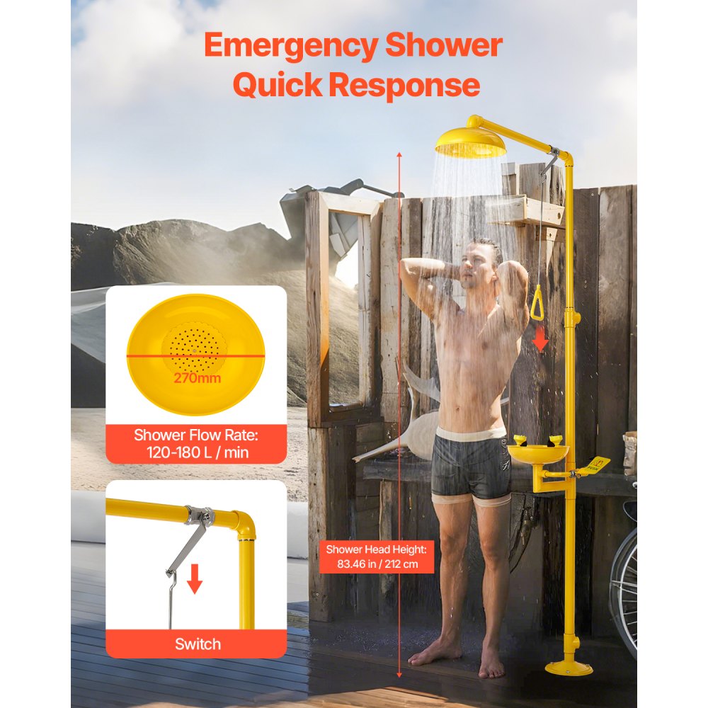 VEVOR Emergency Shower Eye Wash Station, 34.25 x 15.75 x 91.73 Inch 304 Stainless Steel Eyewash and Shower Combination, OSHA-Approved First Aid Eye Wash Station, for Schools, Labs, Factories, Yellow