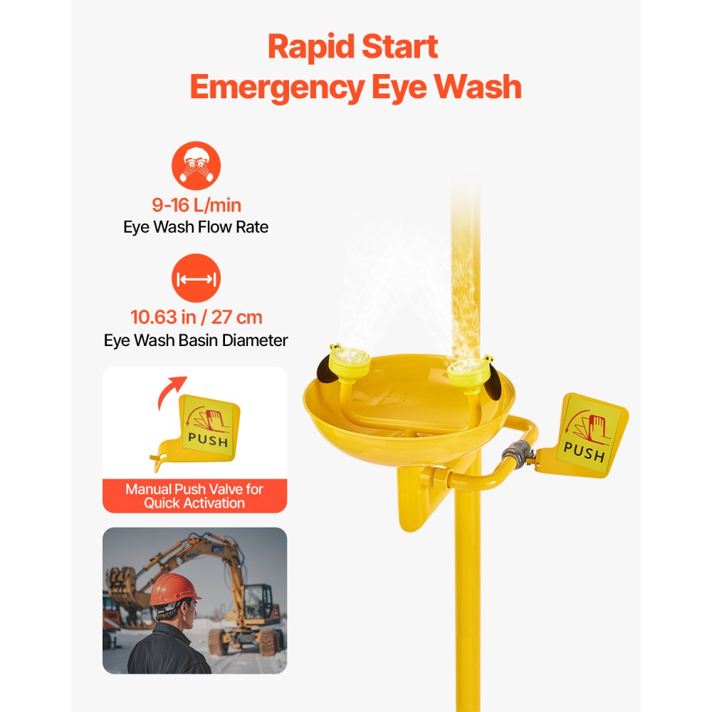 VEVOR Emergency Shower Eye Wash Station, 34.25 x 15.75 x 91.73 Inch 304 Stainless Steel Eyewash and Shower Combination, OSHA-Approved First Aid Eye Wash Station, for Schools, Labs, Factories, Yellow