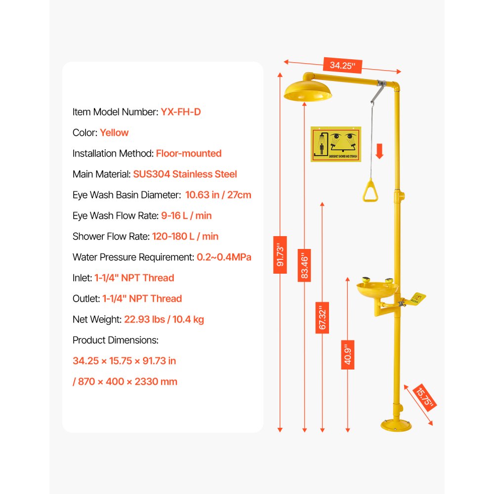 VEVOR Emergency Shower Eye Wash Station, 34.25 x 15.75 x 91.73 Inch 304 Stainless Steel Eyewash and Shower Combination, OSHA-Approved First Aid Eye Wash Station, for Schools, Labs, Factories, Yellow