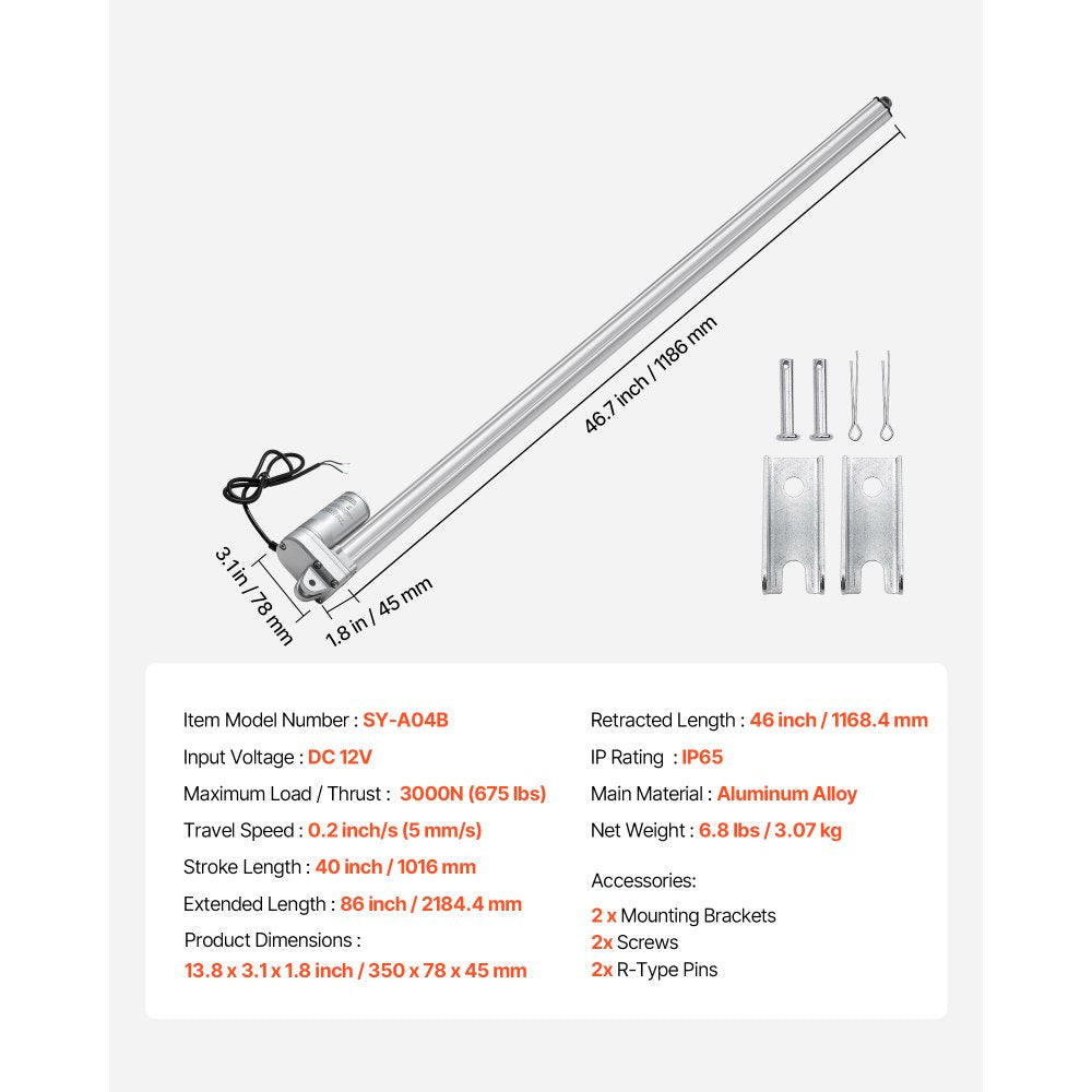 VEVOR 12V Linear Actuator, 40 Inch IP65 Waterproof Linear Actuator, 675lbs/3000N 0.2"/s Motion Actuators with Mounting Bracket for Outdoor Use