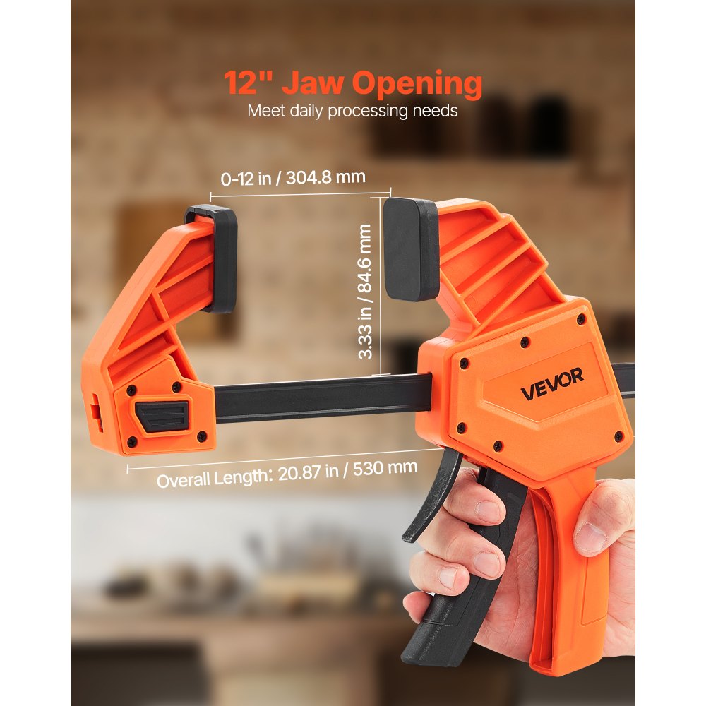 VEVOR Bar Clamps for Woodworking, 2-Pack 12 inch One-Handed Clamp/Spreader, Quick-Grip F-Clamp with 340 lbs Load Limit, Premium Plastic and Carbon Steel, for Woodworking Metal working, Orange + Black