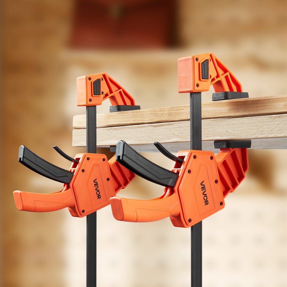 VEVOR Bar Clamps for Woodworking, 2-Pack 12 inch One-Handed Clamp/Spreader, Quick-Grip F-Clamp with 340 lbs Load Limit, Premium Plastic and Carbon Steel, for Woodworking Metal working, Orange + Black
