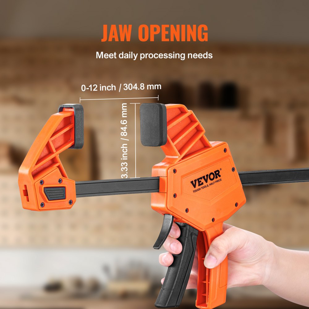 VEVOR Bar Clamps for Woodworking, 2-Pack 12" One-Handed Clamp/Spreader, Quick-Change F Clamp with 300 lbs Load Limit, High-strength Plastic and Carbon Steel, Wood clamps for Woodworking Metal working