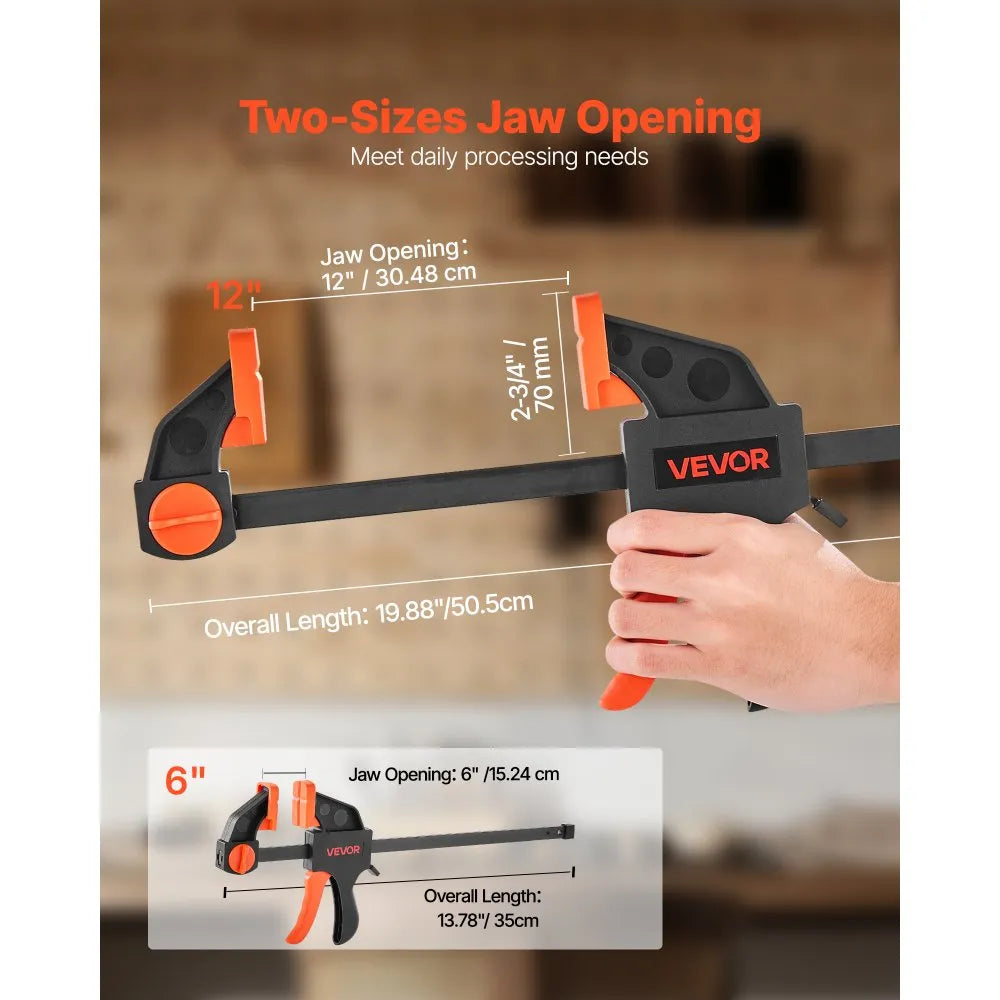 VEVOR Bar Clamps for Woodworking, 2-Pack 12 inch and 2-Pack 6 inch, One-Handed Clamp/Spreader, Quick-Grip F-Clamp with 154 lbs Load Limit, Premium Plastic and Steel, for Woodworking Metal working