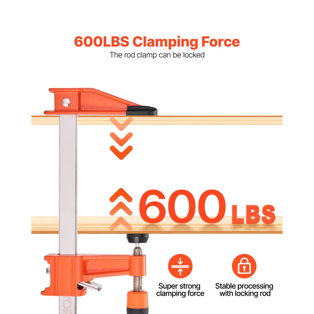VEVOR Bar Clamps for Woodworking, 2-Pack 6 inch and 2-Pack 12 inch, Lockable F-Clamp with 600 lbs Load Limit, 2-1/2 inch Depth, Cast Iron and Carbon Steel, Wood Clamps for Woodworking Metal Working
