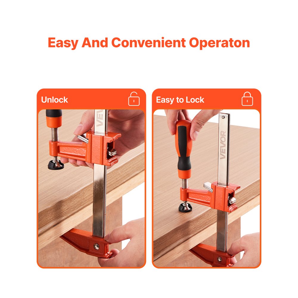 VEVOR Bar Clamps for Woodworking, 2-Pack 6 inch and 2-Pack 12 inch, Lockable F-Clamp with 600 lbs Load Limit, 2-1/2 inch Depth, Cast Iron and Carbon Steel, Wood Clamps for Woodworking Metal Working
