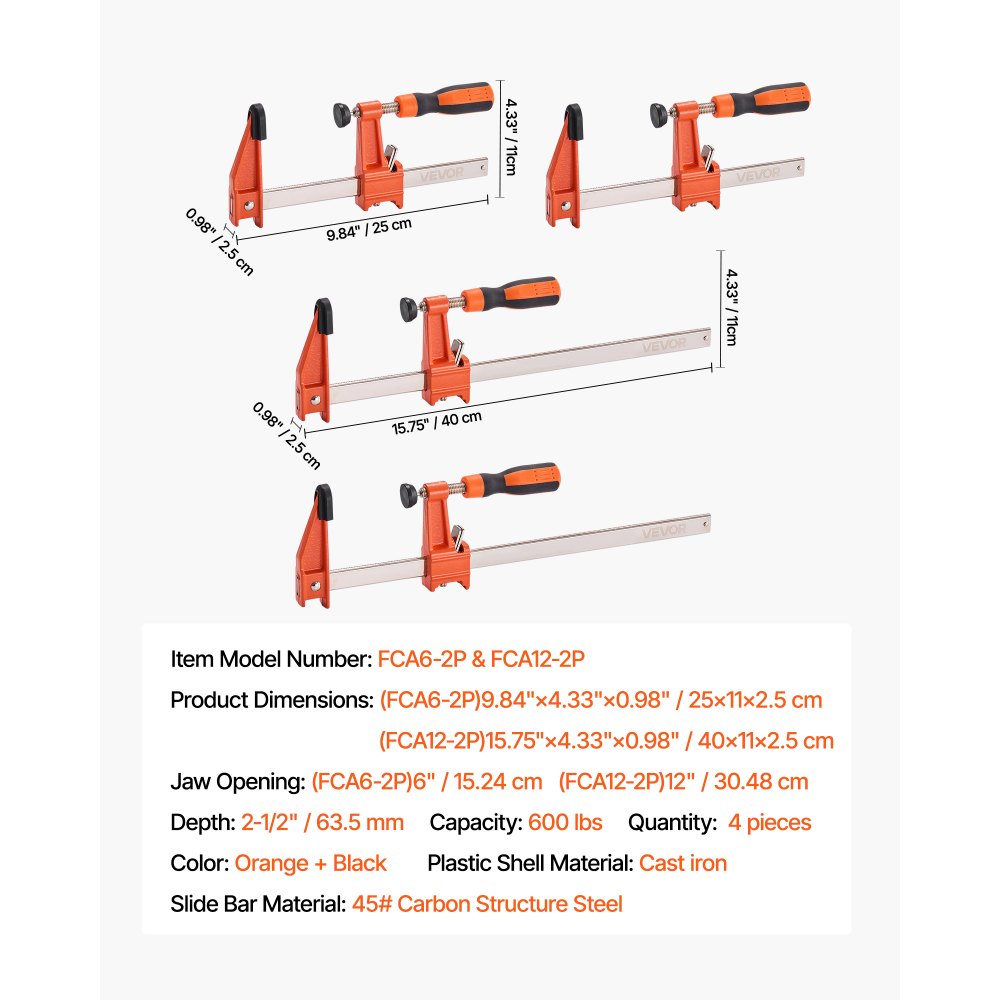 VEVOR Bar Clamps for Woodworking, 2-Pack 6 inch and 2-Pack 12 inch, Lockable F-Clamp with 600 lbs Load Limit, 2-1/2 inch Depth, Cast Iron and Carbon Steel, Wood Clamps for Woodworking Metal Working