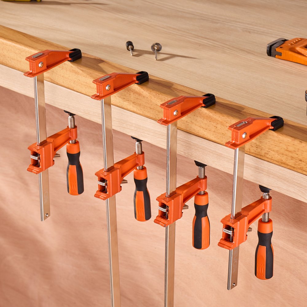 VEVOR Bar Clamps for Woodworking, 2-Pack 6 inch and 2-Pack 12 inch, Lockable F-Clamp with 600 lbs Load Limit, 2-1/2 inch Depth, Cast Iron and Carbon Steel, Wood Clamps for Woodworking Metal Working