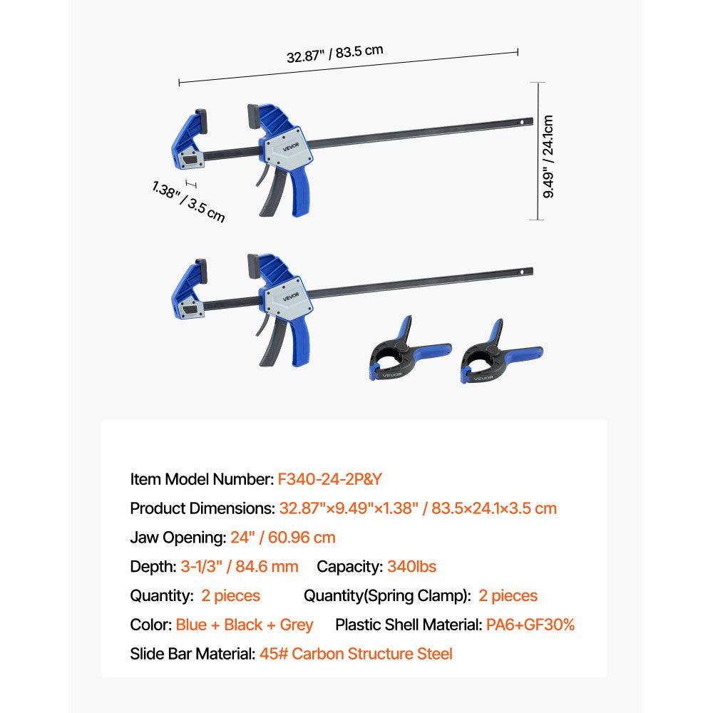 VEVOR Bar Clamps for Woodworking, 2-Pack 24 inch One-Handed Clamp/Spreader, Quick-Grip F-Clamp with 340 lbs Load Limit, Premium Plastic and Carbon Steel, for Woodworking Metal working, Blue + Black