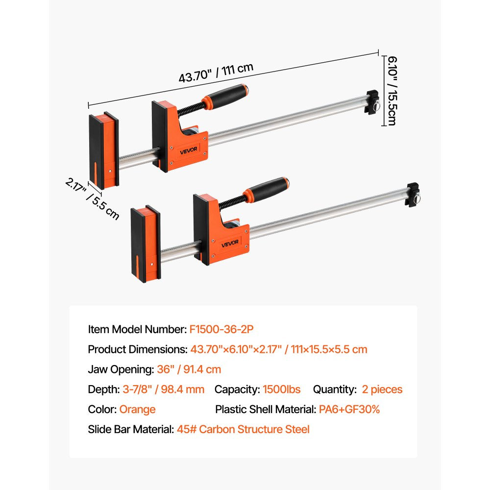 VEVOR Bar Clamps for Woodworking, 2-Pack 36 inch Parallel Clamp Set, F-Clamp with 1500 lbs Load Limit, Even Pressure, High-strength Plastic and Carbon Steel, for Woodworking Metal Working, Orange