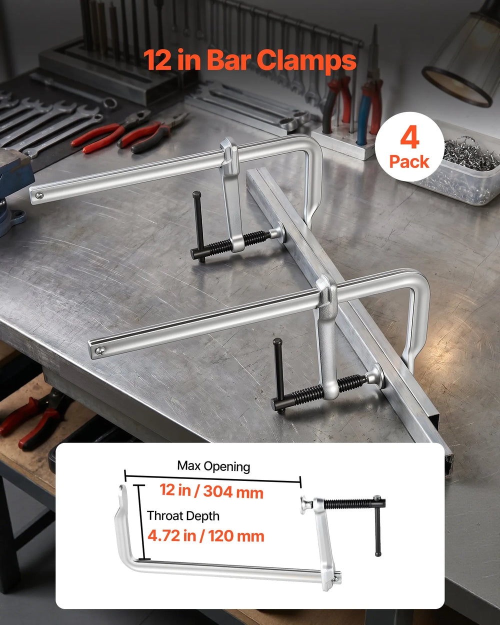 VEVOR Bar Clamps for Woodworking, 4-Pack, 12" Opening, 4.72 in Throat Depth, 1200 lbs Load Limit, Sturdy Steel Forging and Casting, with Swivel Jaw and T-Handle, for Wood Working and Metal Working