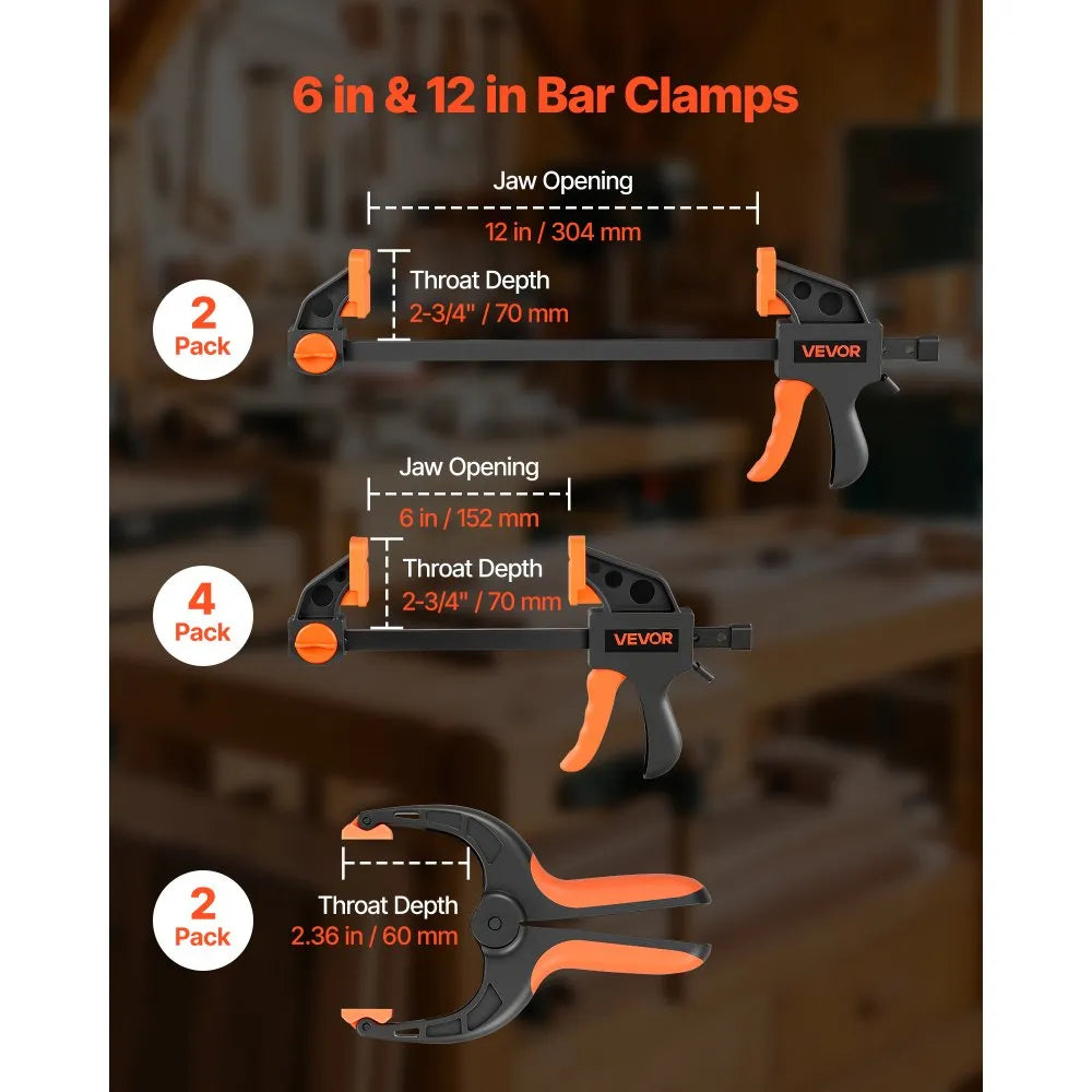 VEVOR Bar Clamps for Woodworking, 8-Pack, 6" and 12", with Spring Clamps, One-Handed Clamp/Spreader, 154 lbs Load Limit, Quick Release, Self-Locking Design, for Wood Working and Metal Working