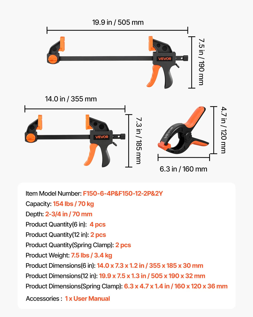 VEVOR Bar Clamps for Woodworking, 8-Pack, 6" and 12", with Spring Clamps, One-Handed Clamp/Spreader, 154 lbs Load Limit, Quick Release, Self-Locking Design, for Wood Working and Metal Working