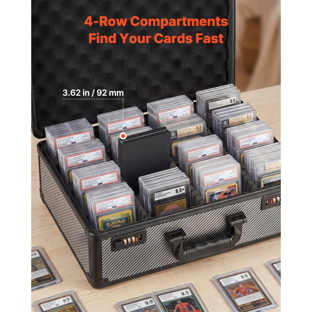 VEVOR Graded Card Case 4 Row 162 PSA Slab Storage Box with Combination Lock, Baseball Sports Trading Cards Holder Collector with 12 Dividers, Holds 130 SGC 115 BGS 585 Top Loaders & 999+ Loose Cards