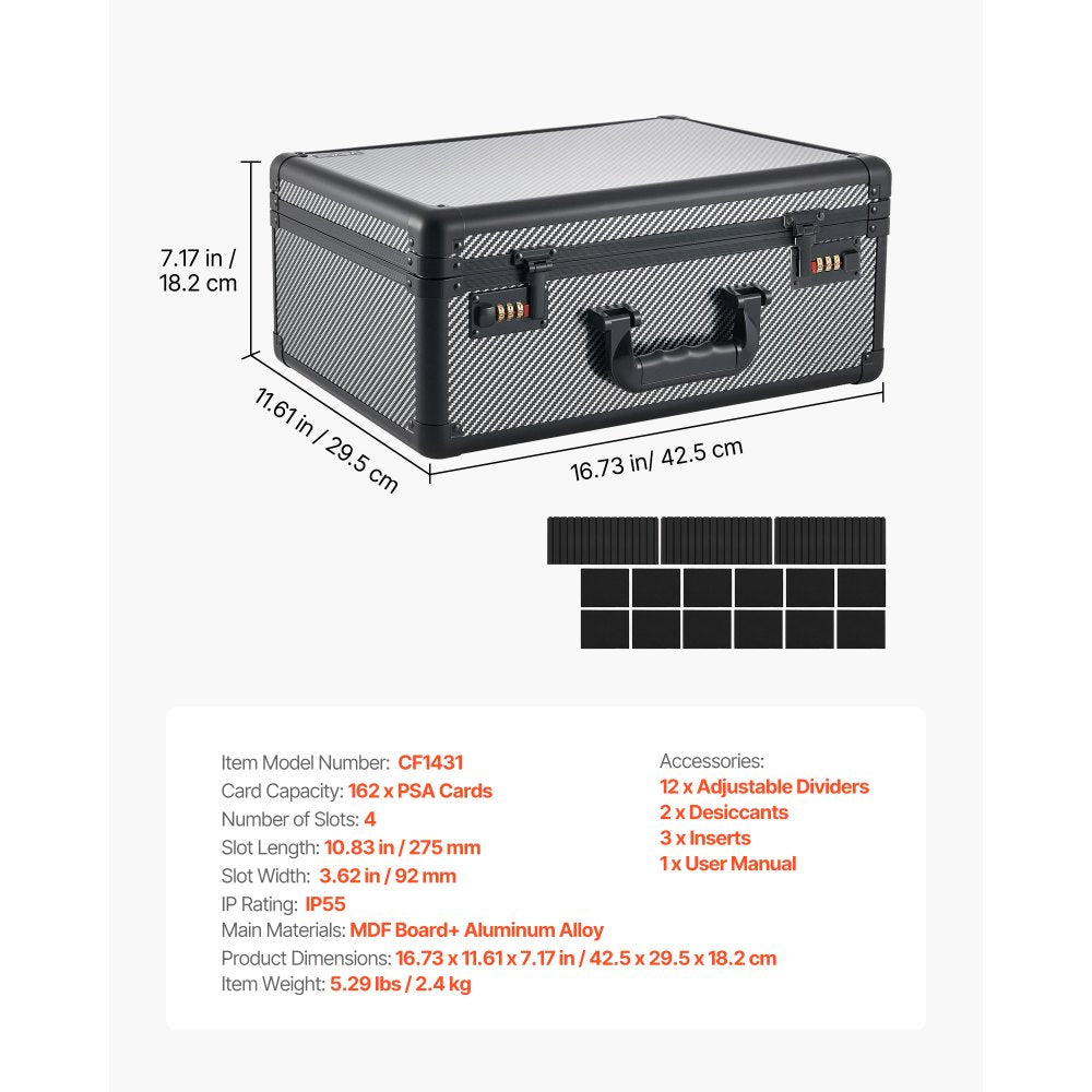 VEVOR Graded Card Case 4 Row 162 PSA Slab Storage Box with Combination Lock, Baseball Sports Trading Cards Holder Collector with 12 Dividers, Holds 130 SGC 115 BGS 585 Top Loaders & 999+ Loose Cards