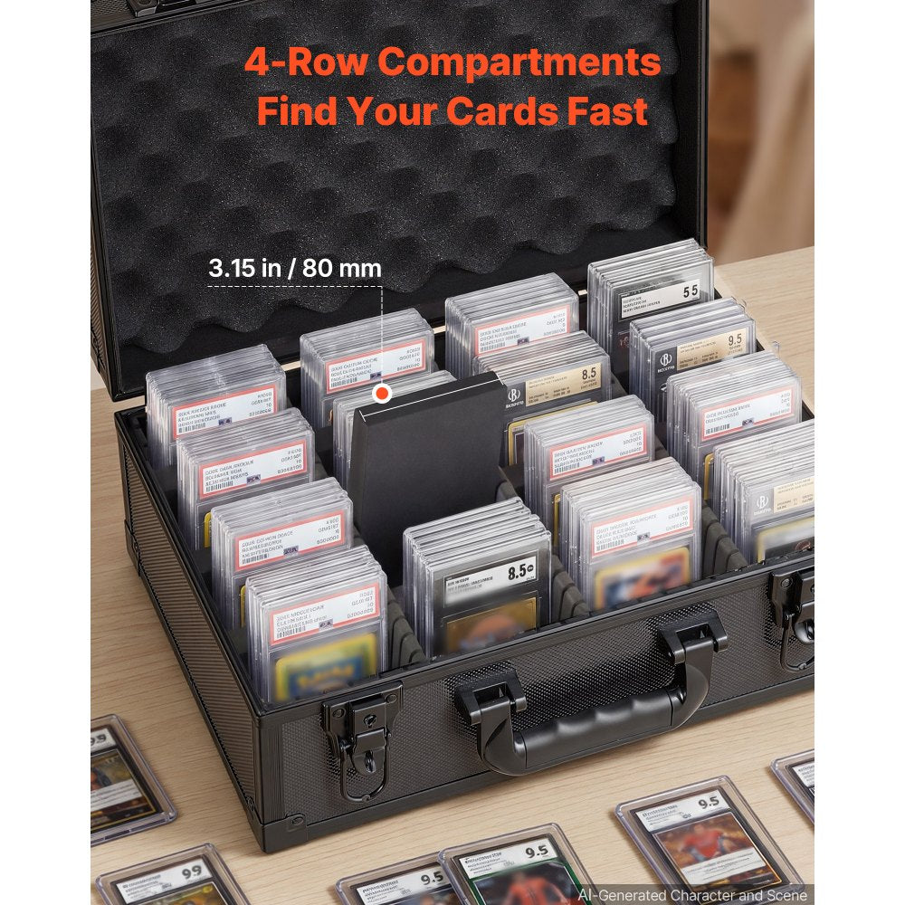 VEVOR Graded Card Case 4 Row 120 PSA Slab Storage Box with Secure Lock, Baseball Sports Trading Cards Holder Collector with 12 Dividers, Key, Holds 95 SGC 85 BGS 435 Top Loaders & 999+ Loose Cards