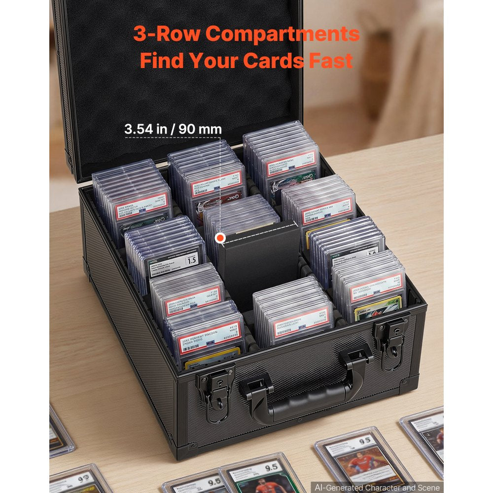 VEVOR Graded Card Case 3 Row 150 PSA Slab Storage Box with Secure Lock, Baseball Sports Trading Cards Holder Collector with 12 Dividers, Key, Holds 100 SGC 80 BGS 500 Top Loaders & 999+ Loose Cards