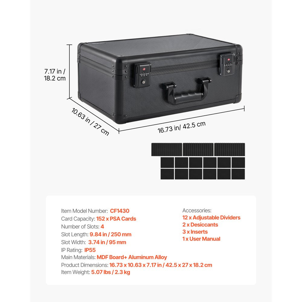 VEVOR Graded Card Case 4 Row 152 PSA Slab Storage Box TSA Approved Lock, Baseball Sports Trading Cards Holder Collector, with 12 Dividers, Holds 120 SGC 100 BGS 550 Top Loaders & 999+ Loose Cards