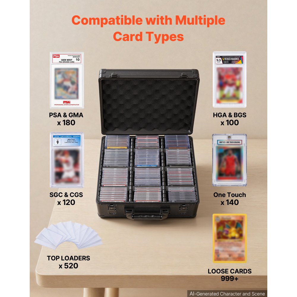 VEVOR Graded Card Case 3 Row 180 PSA Slab Storage Box with Secure Lock, Baseball Sports Trading Cards Holder Collector with 12 Dividers, Key, Holds 120 SGC 100 BGS 520 Top Loaders & 999+ Loose Cards