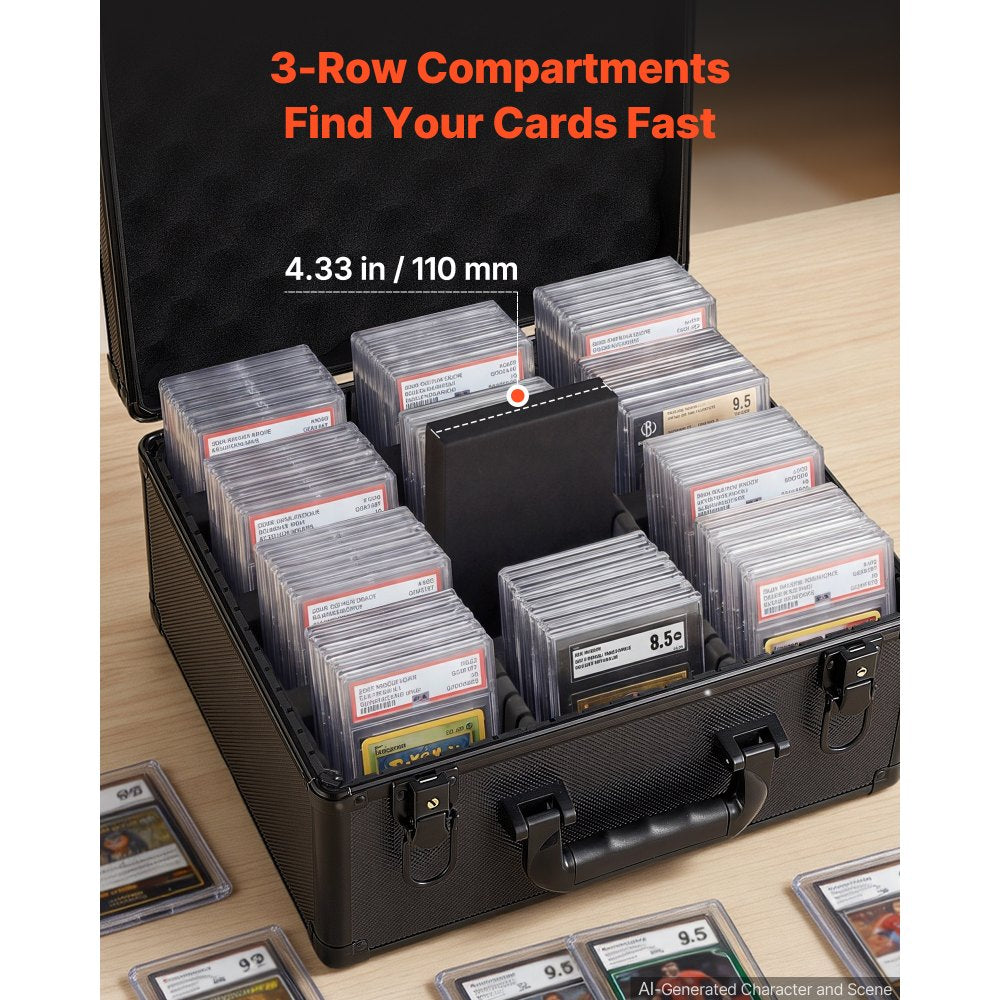 VEVOR Graded Card Case 3 Row 180 PSA Slab Storage Box with Secure Lock, Baseball Sports Trading Cards Holder Collector with 12 Dividers, Key, Holds 120 SGC 100 BGS 520 Top Loaders & 999+ Loose Cards
