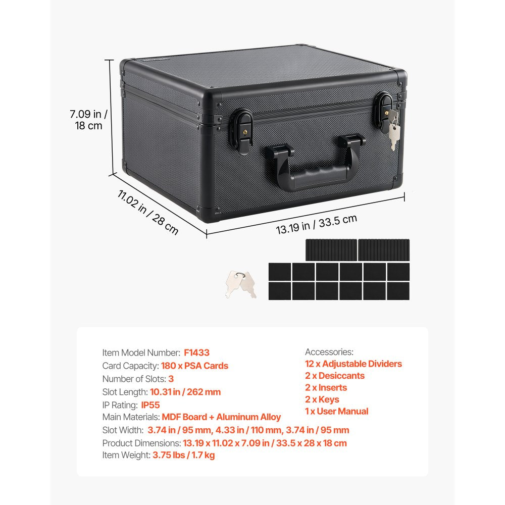 VEVOR Graded Card Case 3 Row 180 PSA Slab Storage Box with Secure Lock, Baseball Sports Trading Cards Holder Collector with 12 Dividers, Key, Holds 120 SGC 100 BGS 520 Top Loaders & 999+ Loose Cards