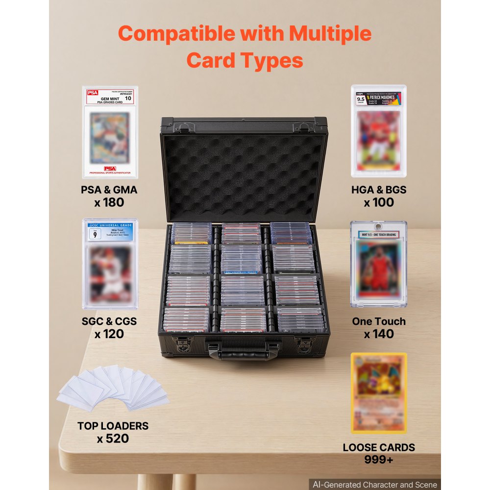 VEVOR Graded Card Case 3 Row 180 PSA Slab Storage Box with Mechanical Lock, Baseball Sports Trading Cards Holder Collector with 12 Dividers, Holds 120 SGC 100 BGS 520 Top Loaders & 999+ Loose Cards