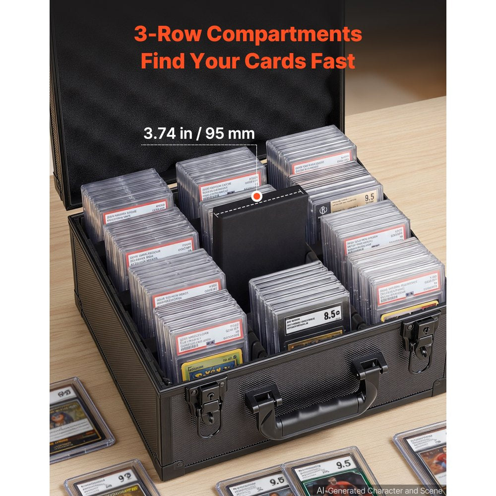 VEVOR Graded Card Case 3 Row 180 PSA Slab Storage Box with Mechanical Lock, Baseball Sports Trading Cards Holder Collector with 12 Dividers, Holds 120 SGC 100 BGS 520 Top Loaders & 999+ Loose Cards