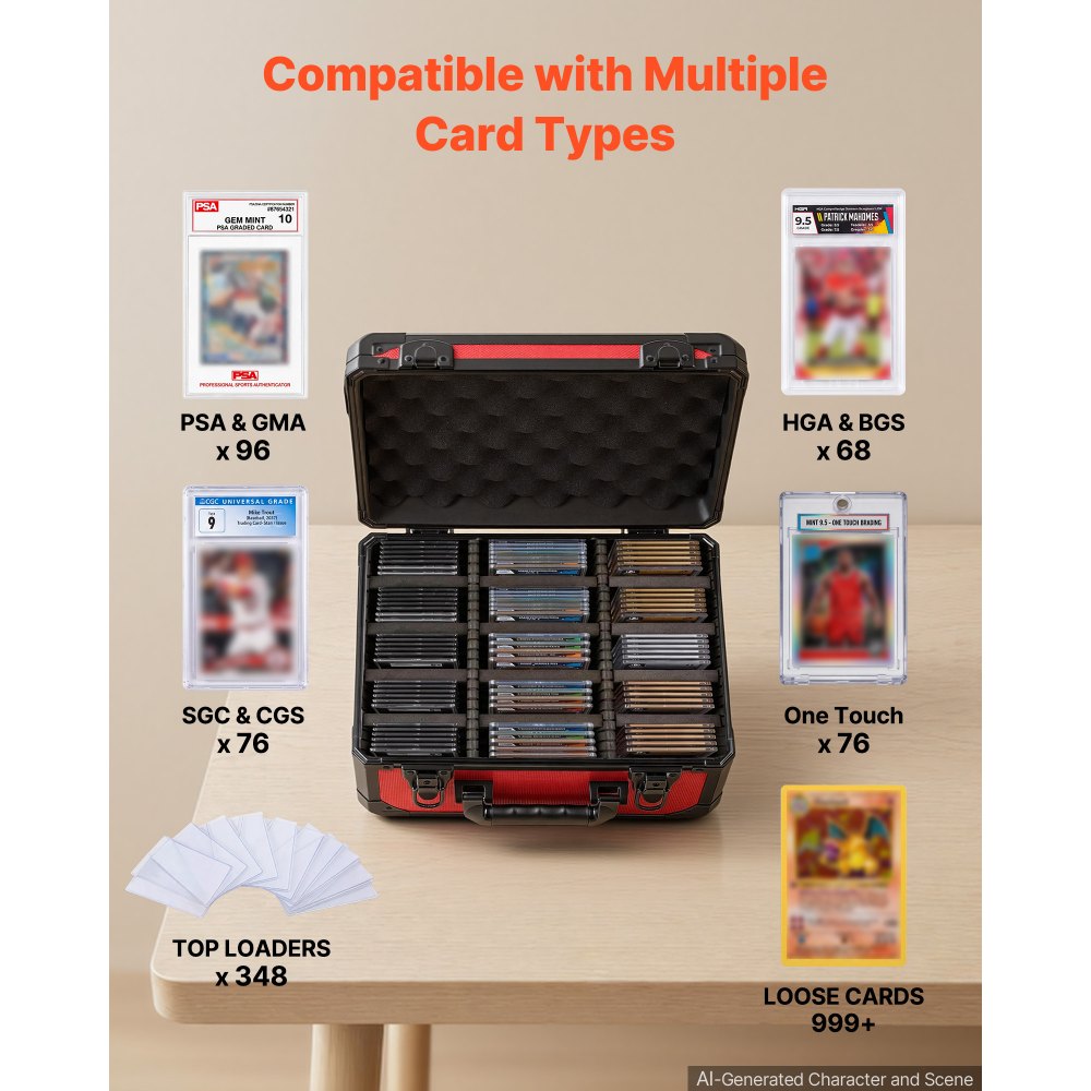 VEVOR Graded Card Case 3 Row 96 PSA Slab Storage Box with Secure Lock, Baseball Sports Trading Cards Holder Collector with 12 Dividers, Key, Holds 76 SGC 68 BGS 348 Top Loaders and 999+ Loose Cards