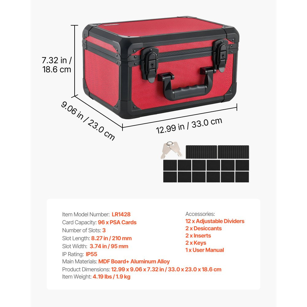 VEVOR Graded Card Case 3 Row 96 PSA Slab Storage Box with Secure Lock, Baseball Sports Trading Cards Holder Collector with 12 Dividers, Key, Holds 76 SGC 68 BGS 348 Top Loaders and 999+ Loose Cards