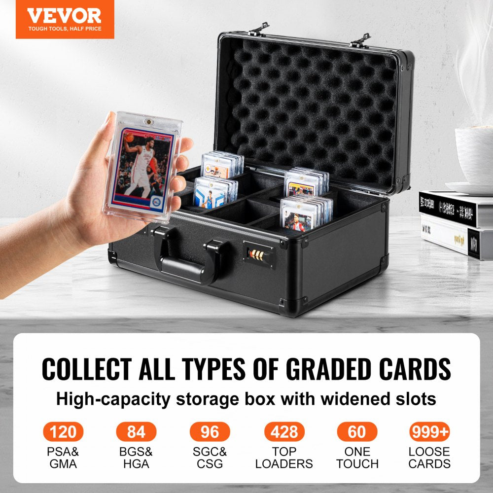 VEVOR Graded Card Storage Box 4 Slots Graded Sports Cards Holder Carrying Case with Coded Lock Foam Dividers for 120 PSA Graded Cards 84 Bgs Cards