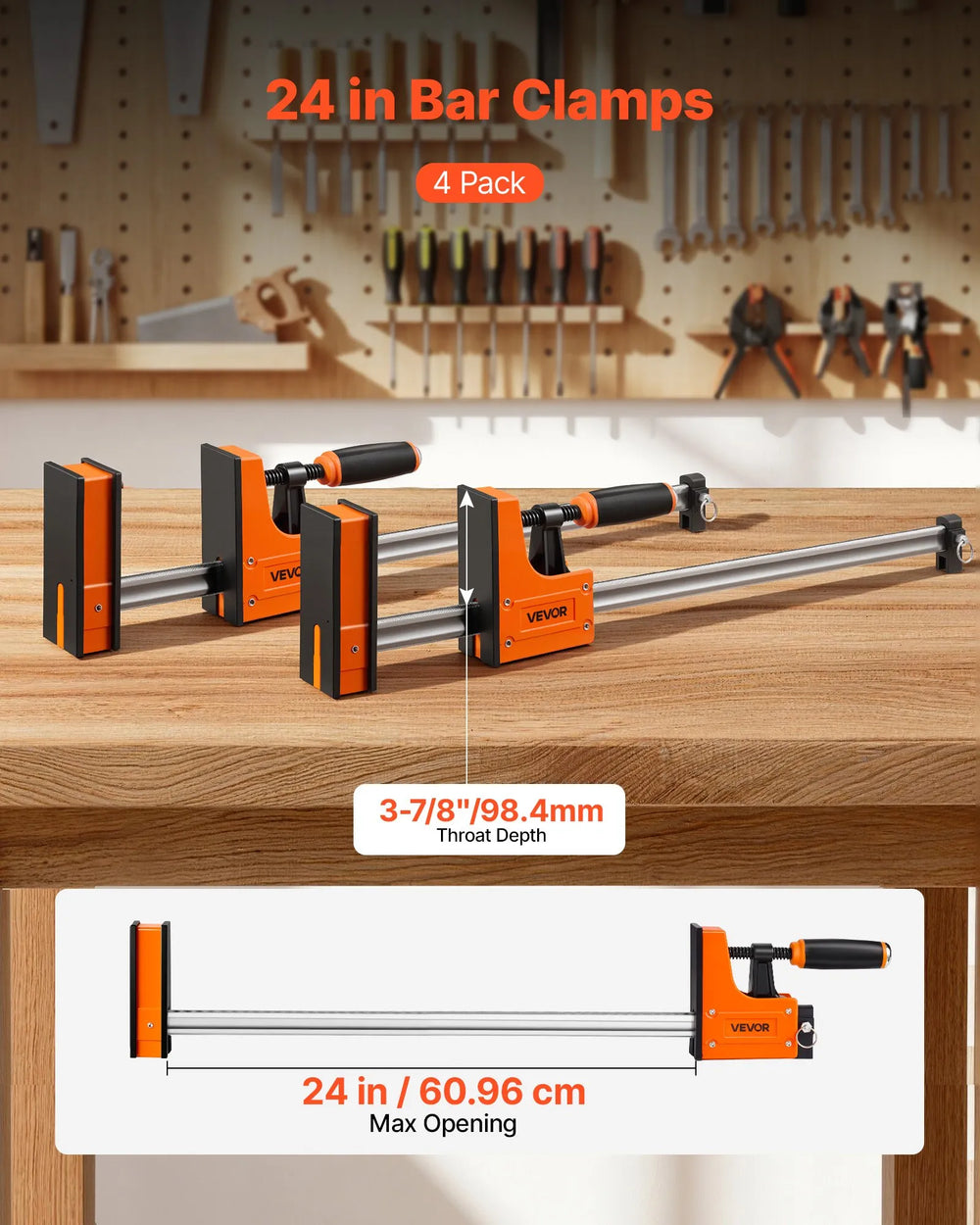 VEVOR Bar Clamps for Woodworking, 4-Pack, 24" Opening F Clamps, 1500 lbs Load Limit, Clamp/Spreader 2 Modes, Soft Rubber Pads, Ergonomic Handle, Carbon Steel Bar, for Wood Working and Metal Working