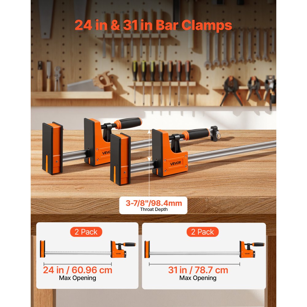 VEVOR Bar Clamps for Woodworking, 4-Pack, 24" and 31" F Clamps, 1100 lbs Load Limit, Clamp/Spreader 2 Modes, Soft Rubber Pads, Ergonomic Handle, Carbon Steel Bar, for Wood Working and Metal Working