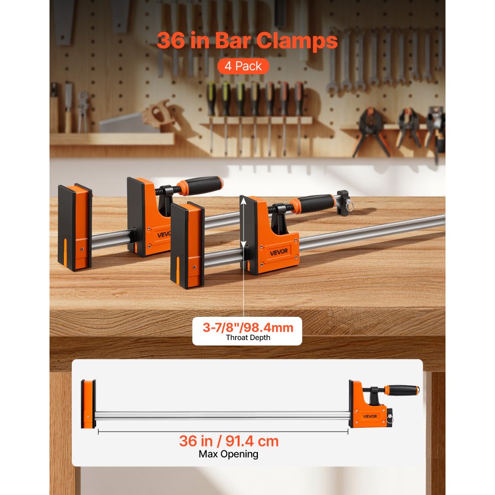 VEVOR Bar Clamps for Woodworking, 4-Pack, 36" Opening F Clamps, 1500 lbs Load Limit, Clamp/Spreader 2 Modes, Soft Rubber Pads, Ergonomic Handle, Carbon Steel Bar, for Wood Working and Metal Working