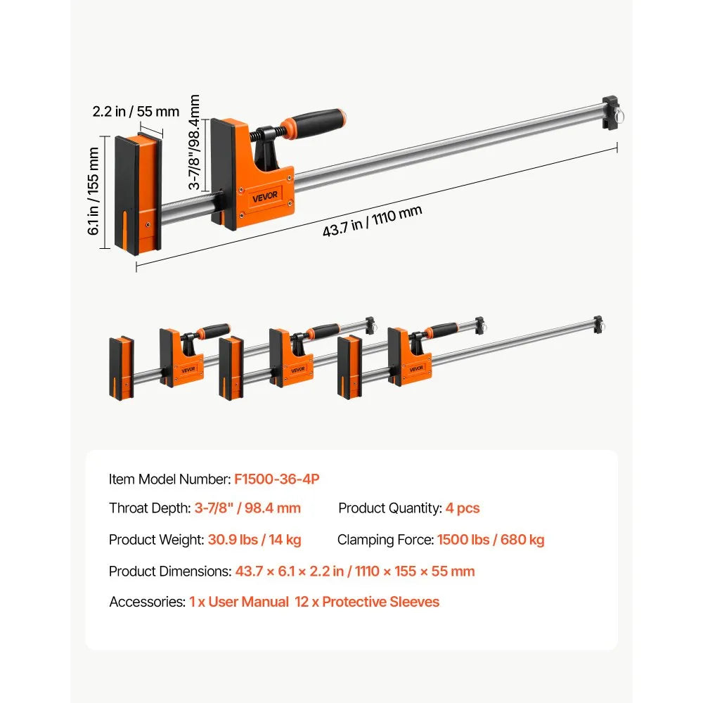 VEVOR Bar Clamps for Woodworking, 4-Pack, 36" Opening F Clamps, 1500 lbs Load Limit, Clamp/Spreader 2 Modes, Soft Rubber Pads, Ergonomic Handle, Carbon Steel Bar, for Wood Working and Metal Working