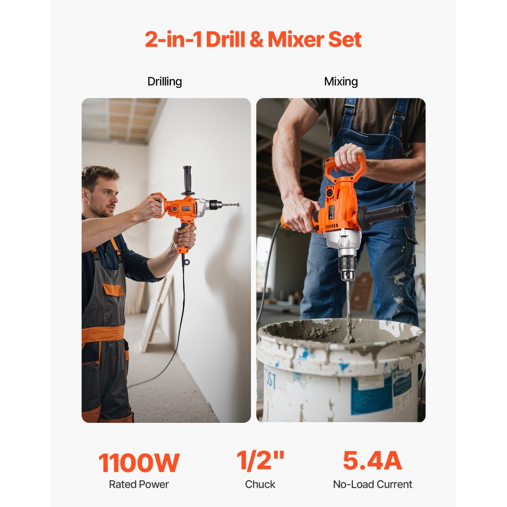 VEVOR Drill Mixer, 1/2 inch Corded Electric Drill Mixer Set, 0-850RPM 5.4A Mixing Drills, Mixing Drills Machine with D-Handle for Drilling & Blending, Handheld Cement Mixers for Fodder, Paint, Cement