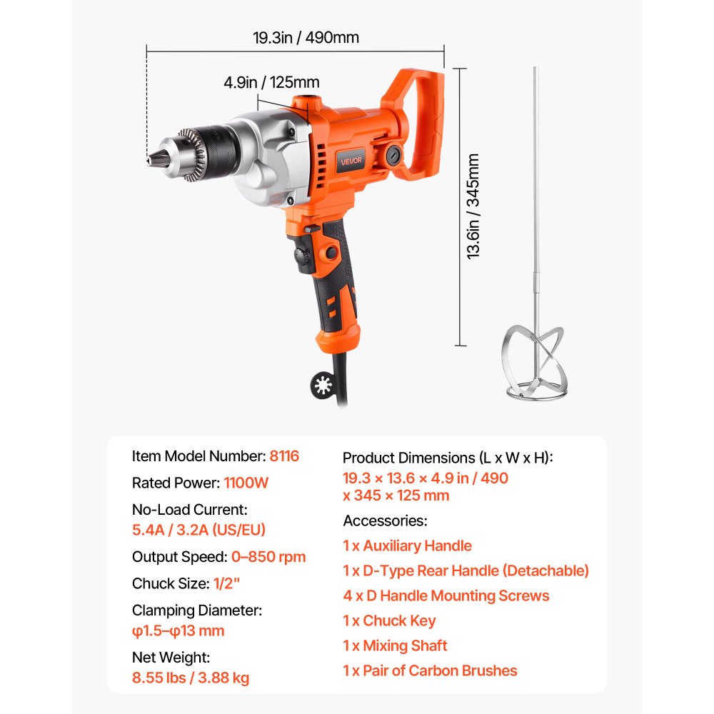 VEVOR Drill Mixer, 1/2 inch Corded Electric Drill Mixer Set, 0-850RPM 5.4A Mixing Drills, Mixing Drills Machine with D-Handle for Drilling & Blending, Handheld Cement Mixers for Fodder, Paint, Cement