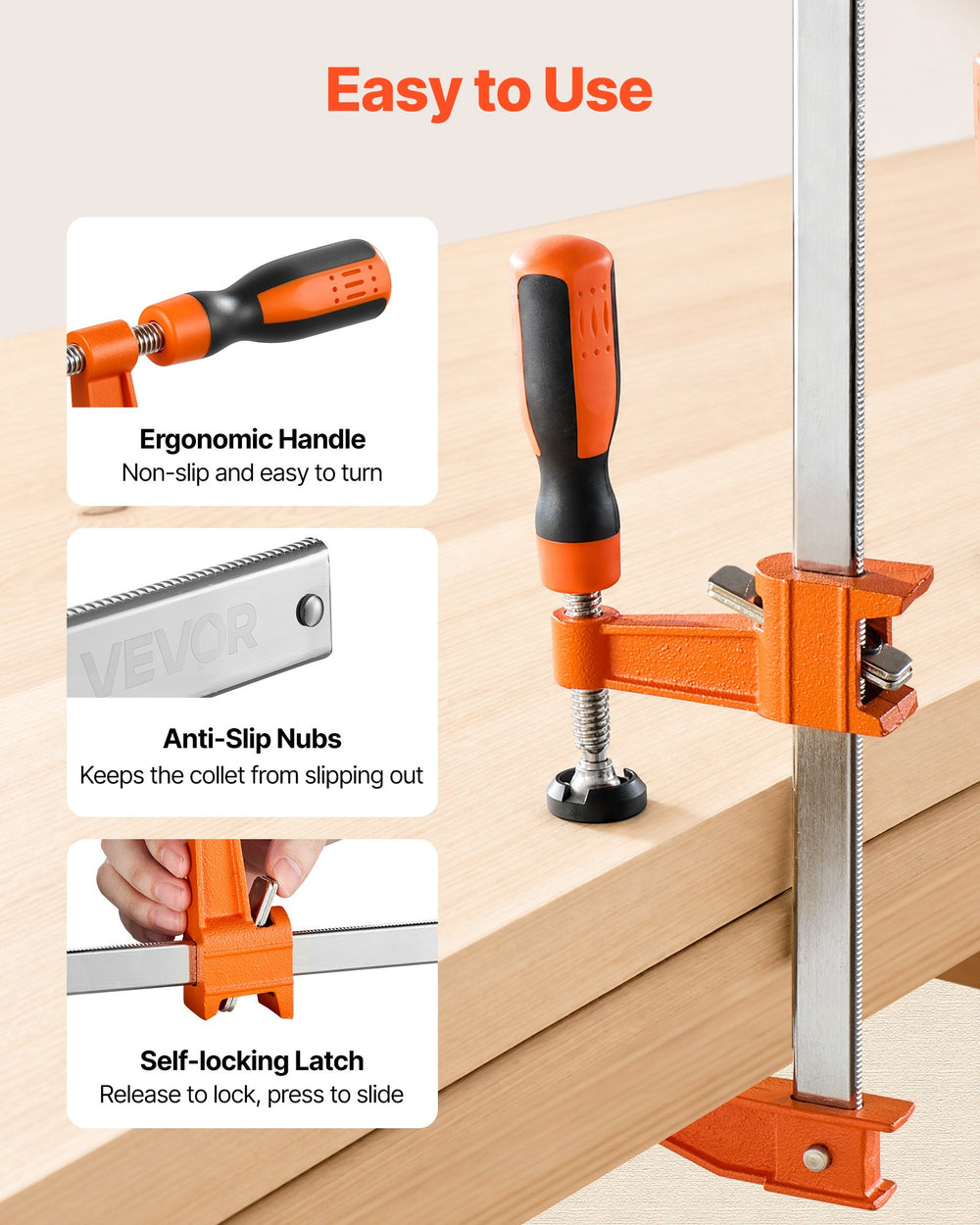 VEVOR Bar Clamps for Woodworking, 8-Pack, 24" Opening F Clamps, 600 lbs Load Limit, with Plastic Pad and Self-Locking Design, Premium Cast Iron and Carbon Steel, for Wood Working and Metal Working