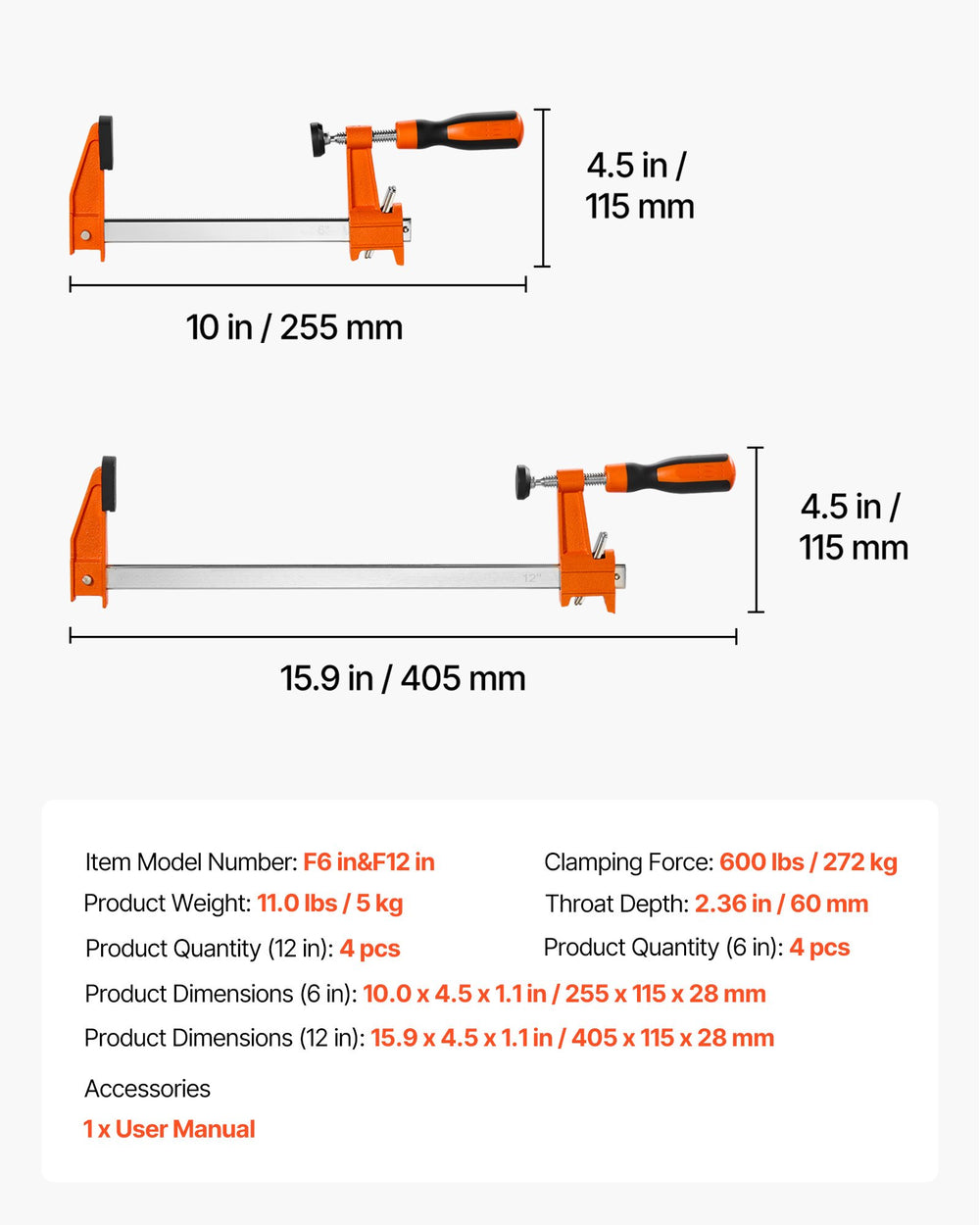 VEVOR Bar Clamps for Woodworking, 8-Pack, 6" and 12" F Clamps, 600 lbs Load Limit, with Plastic Pad and Self-Locking Design, Malleable Iron and Carbon Steel, for Wood Working and Metal Working