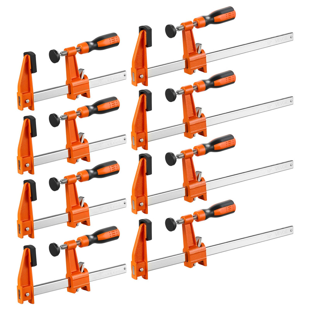 VEVOR Bar Clamps for Woodworking, 8-Pack, 6" and 12" F Clamps, 600 lbs Load Limit, with Plastic Pad and Self-Locking Design, Malleable Iron and Carbon Steel, for Wood Working and Metal Working